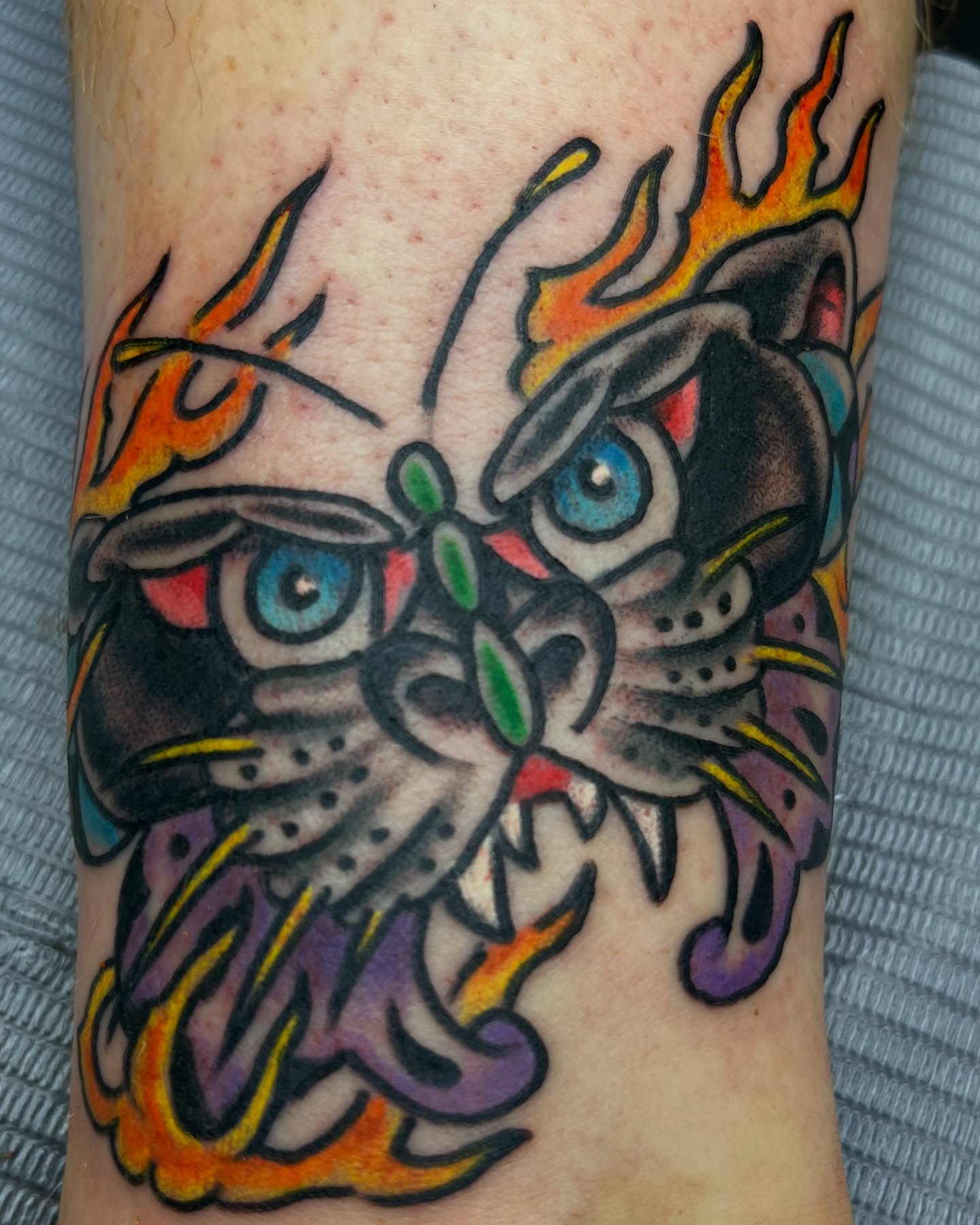 Panther American traditional tattoo on the forearm by Steve Tiberi