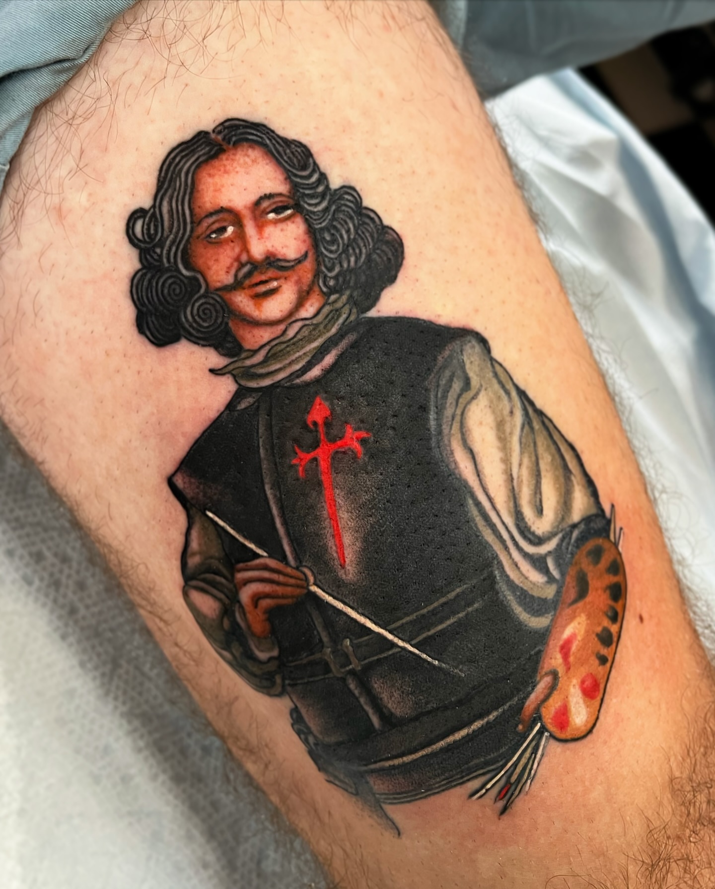 Portrait of man American traditional tattoo on the forearm by superteal