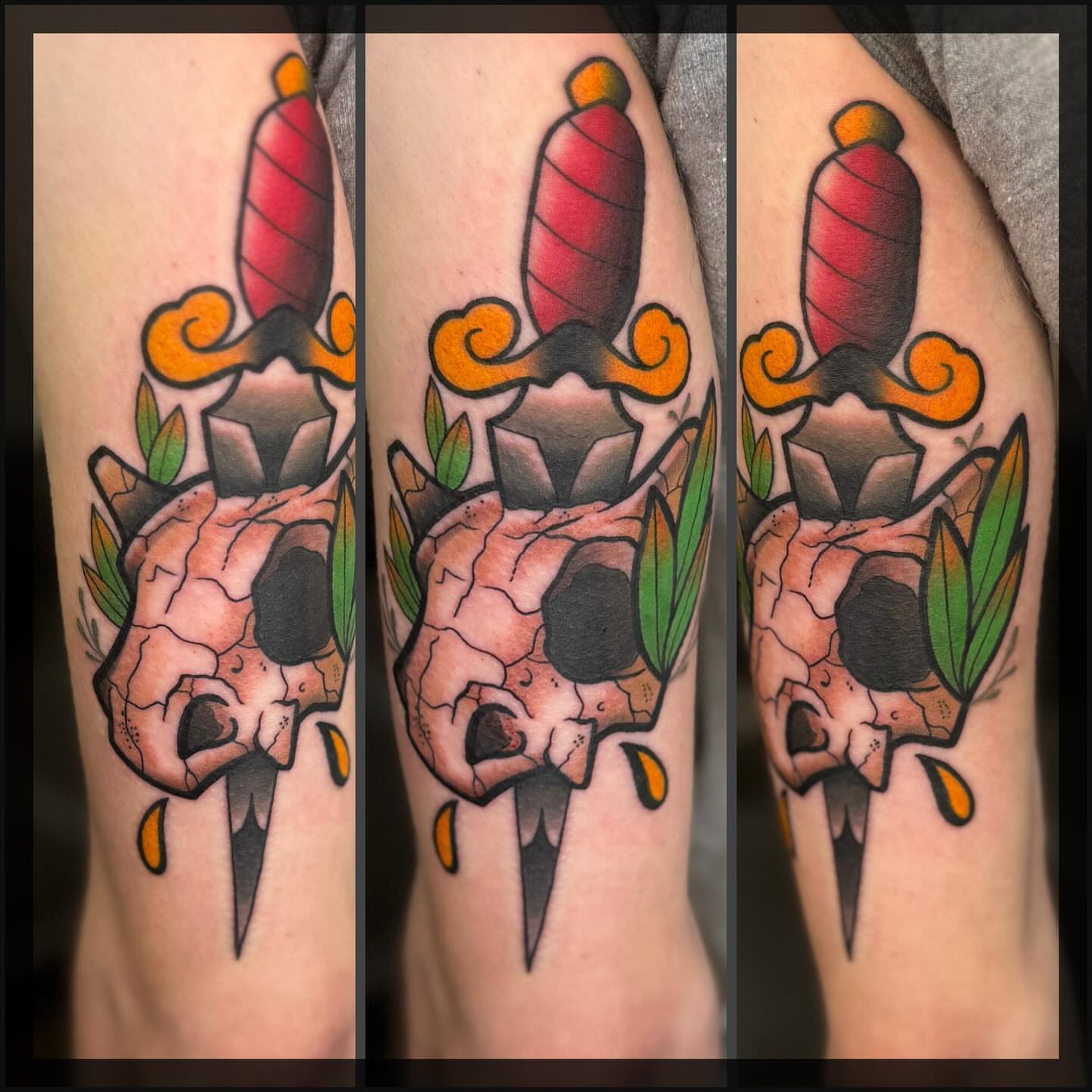 Skull with dagger American traditional tattoo on the forearm by Romans