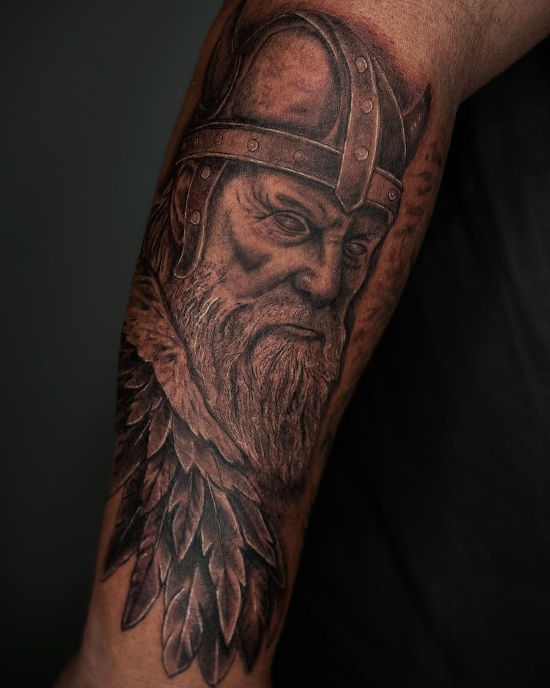Viking portrait realism tattoo on the forearm by Las Vegas Tattoo Artist