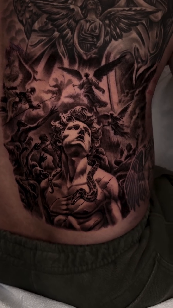 Medusa and angels realism tattoo by Armando Galán 🇨🇱🇺🇸