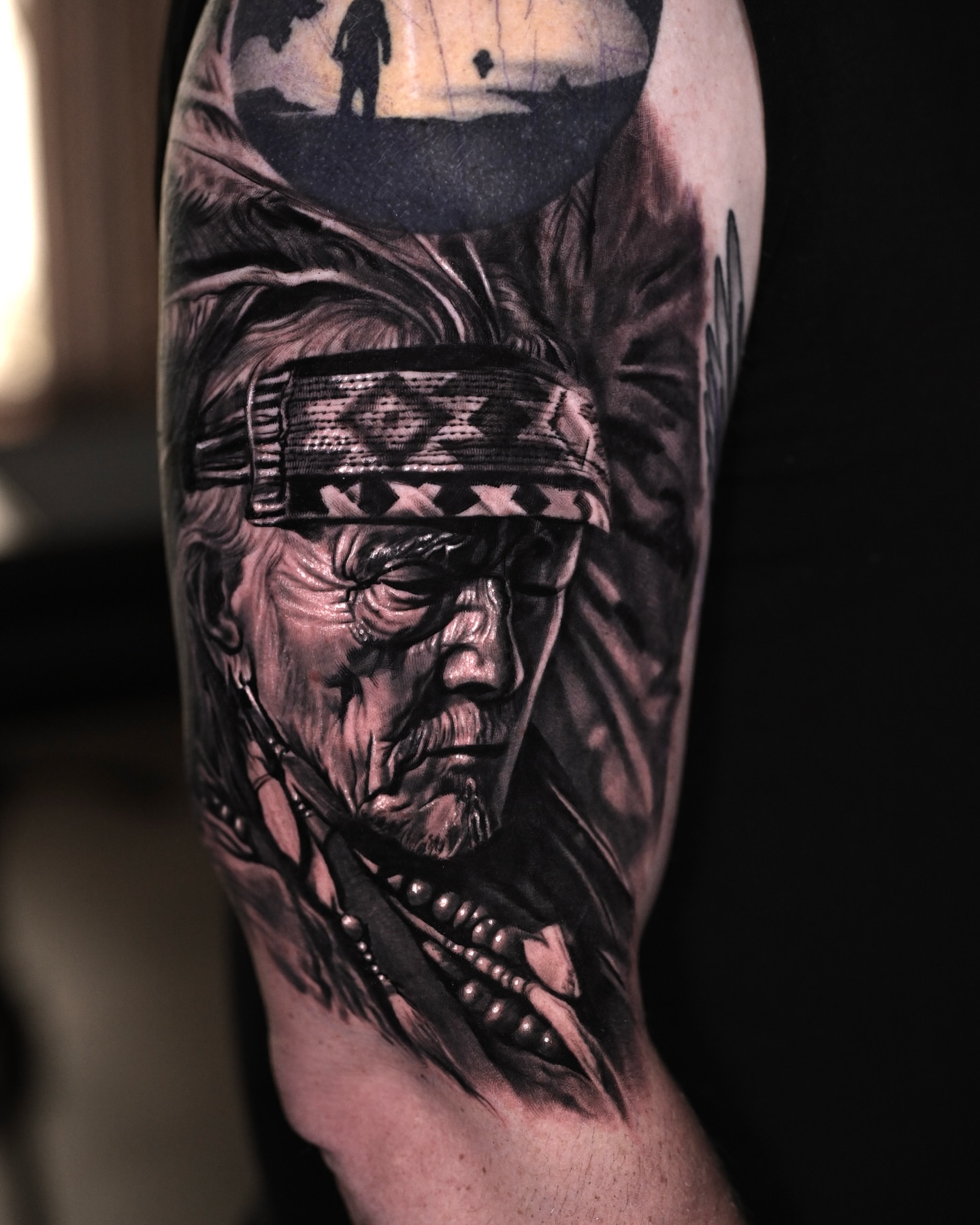 Indian chief realism tattoo on the forearm by Marcos Salamanca