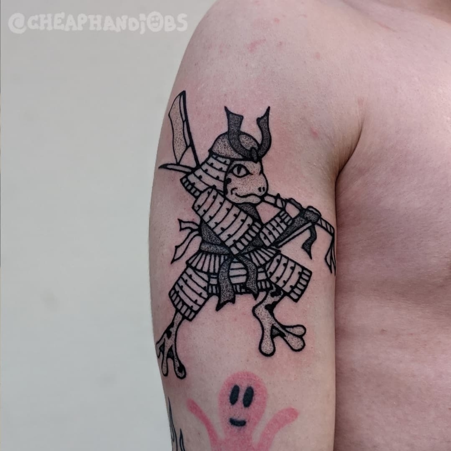 Dog samurai dotwork tattoo on the shoulder by @cheaphandjobs, Leipzig, Germany