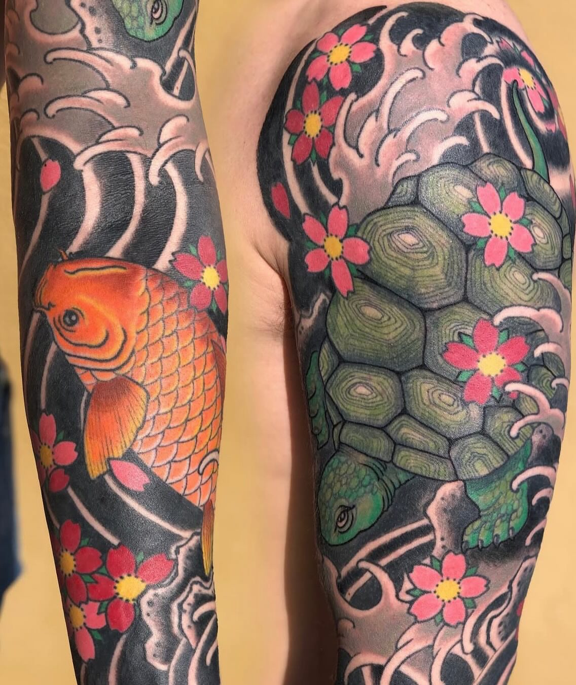 Koi fish and turtle japanese irezumi tattoo on the forearm by Shayna Soderstrom, Columbus, Ohio