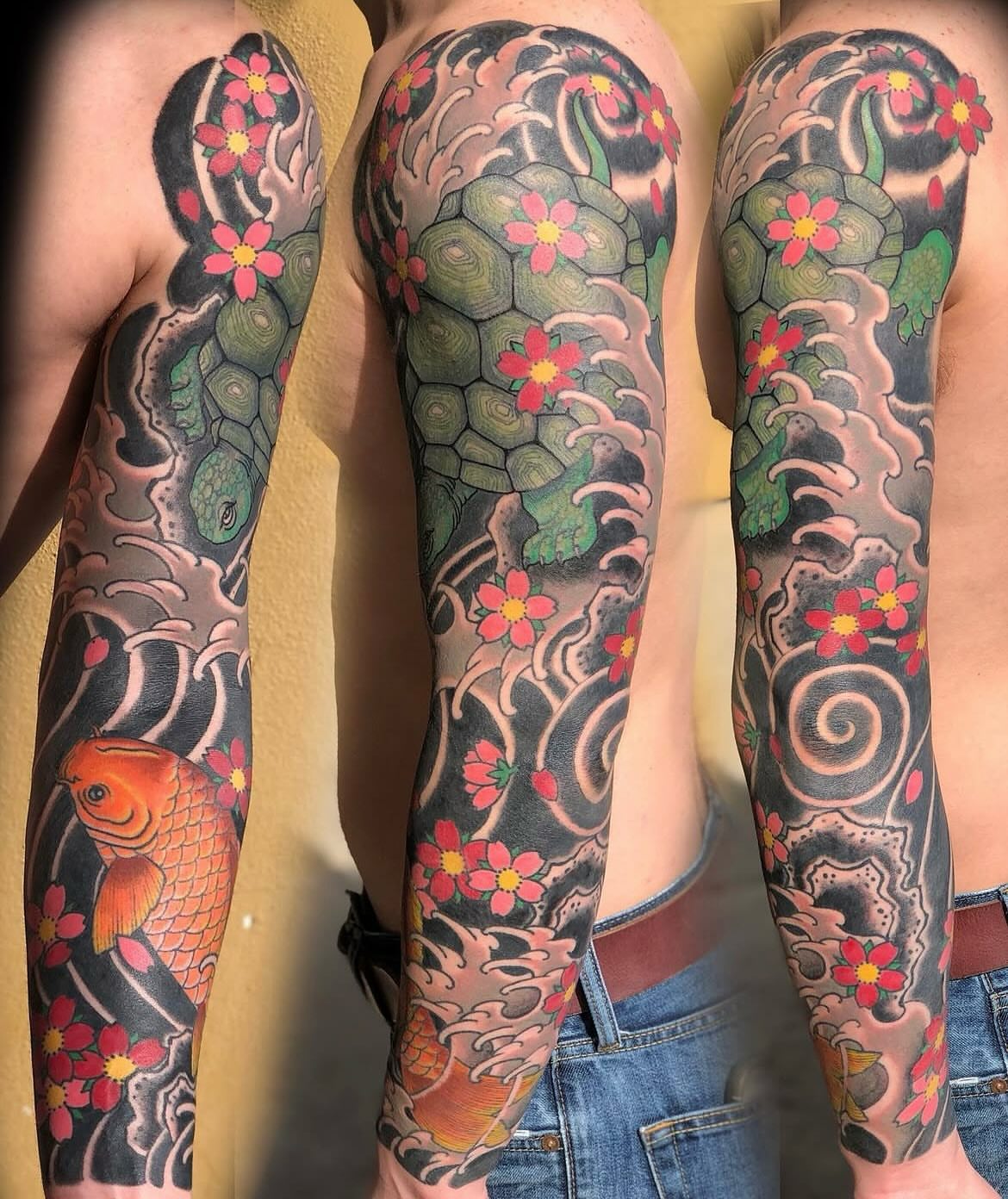 Koi fish and floral patterns japanese irezumi tattoo on the forearm by Shayna Soderstrom, Columbus, Ohio