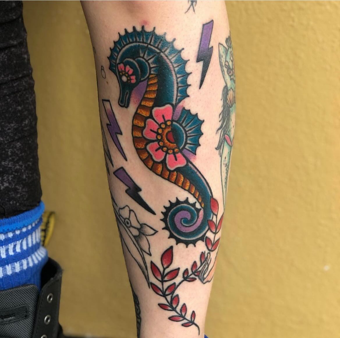 Seahorse American traditional tattoo on the forearm by Shayna Soderstrom, Columbus, Ohio