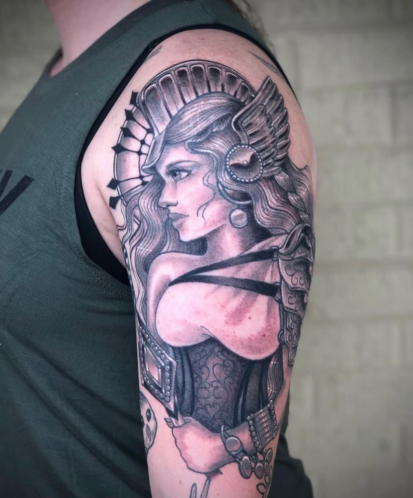 Woman warrior realism tattoo on the shoulder by Shayna Soderstrom, Columbus, Ohio