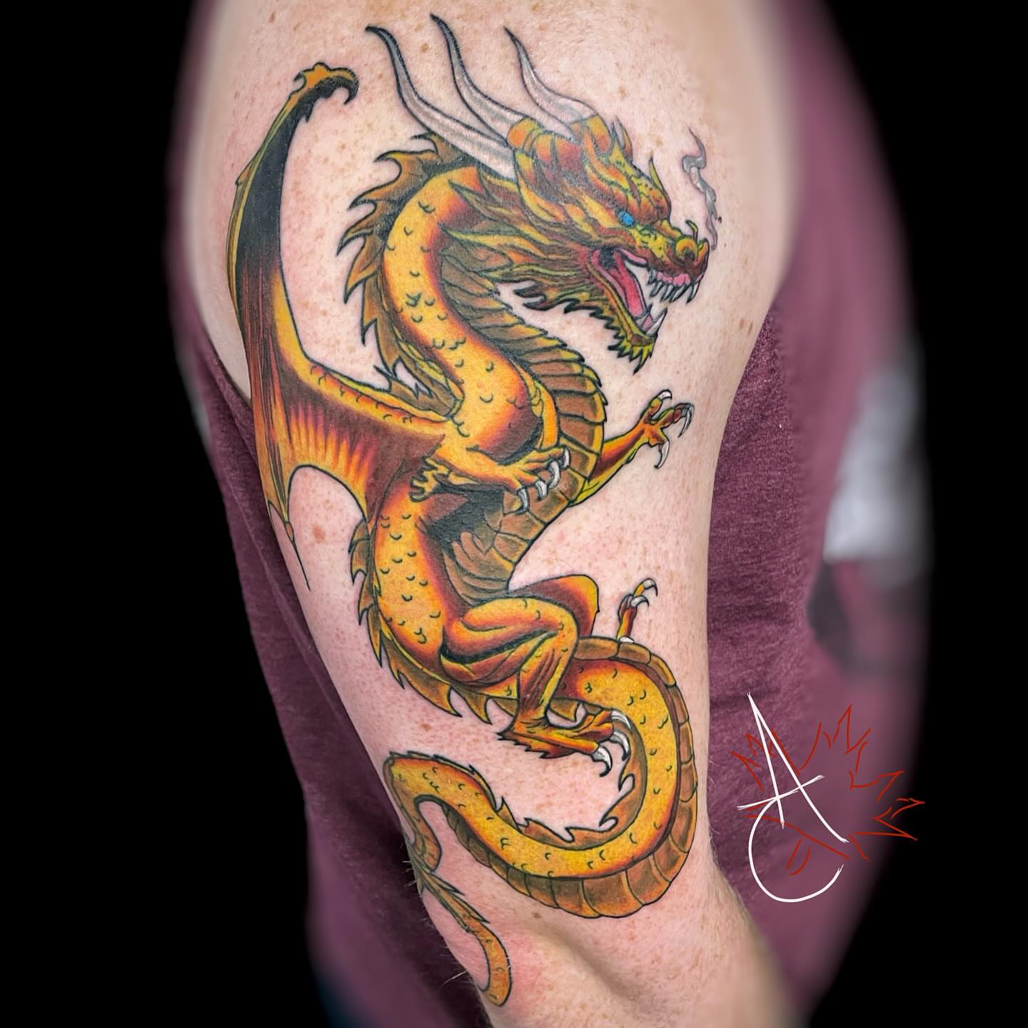 Dragon American traditional tattoo on the forearm by Canada Tyr