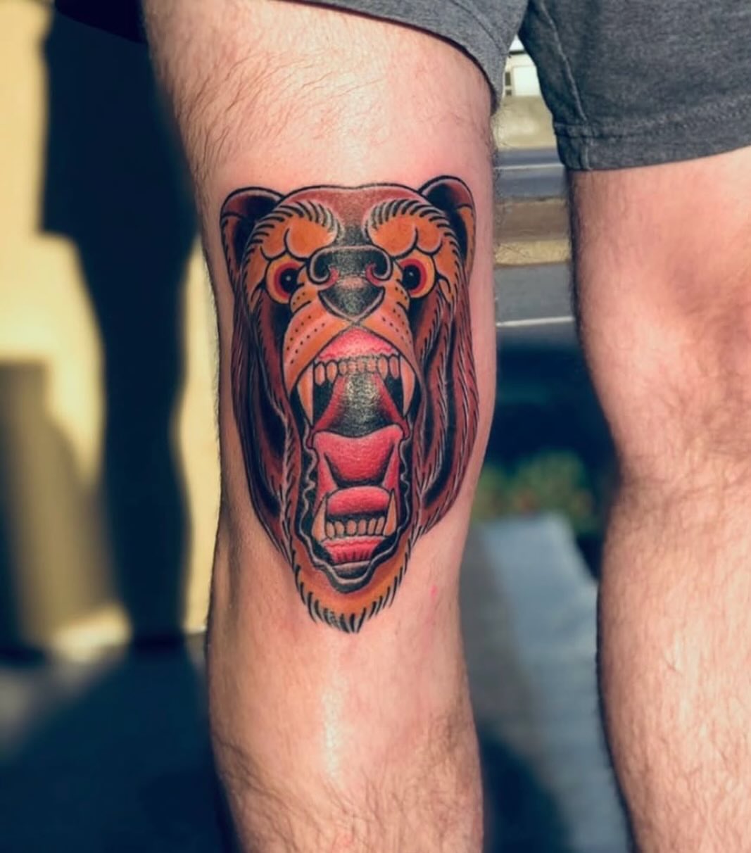 Bear head American traditional tattoo on the thigh by Shayna Soderstrom, Columbus, Ohio