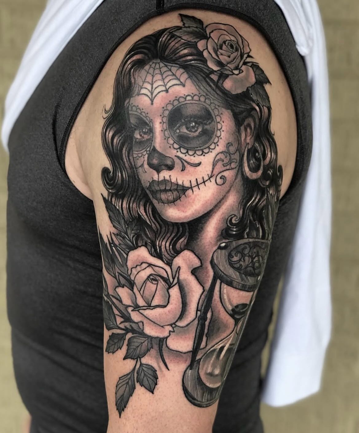 Sugar skull woman Chicano tattoo on the shoulder by Shayna Soderstrom, Columbus, Ohio