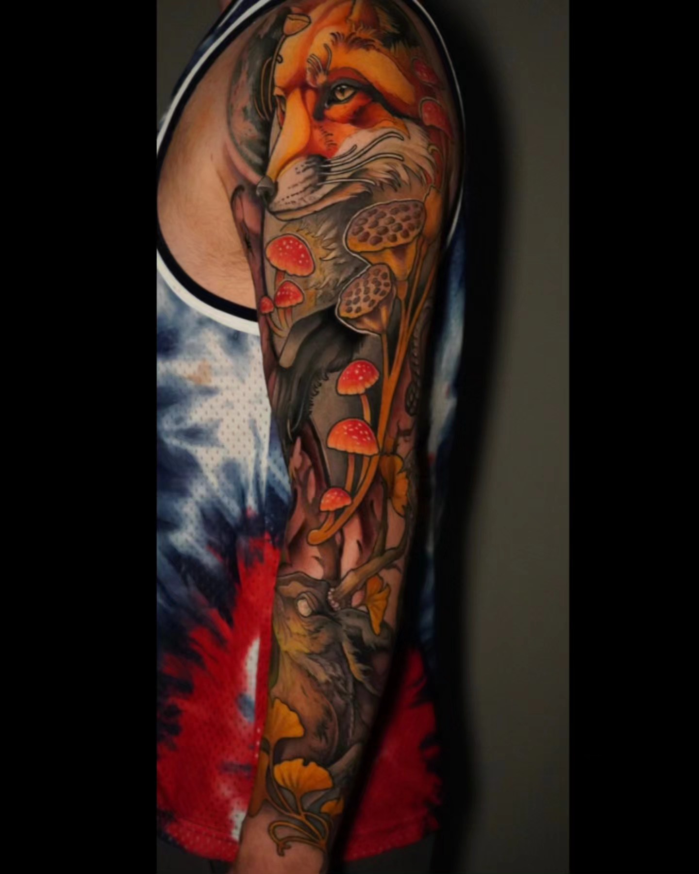 Fox and mushrooms realism tattoo on the forearm by Ashlynn Campbell