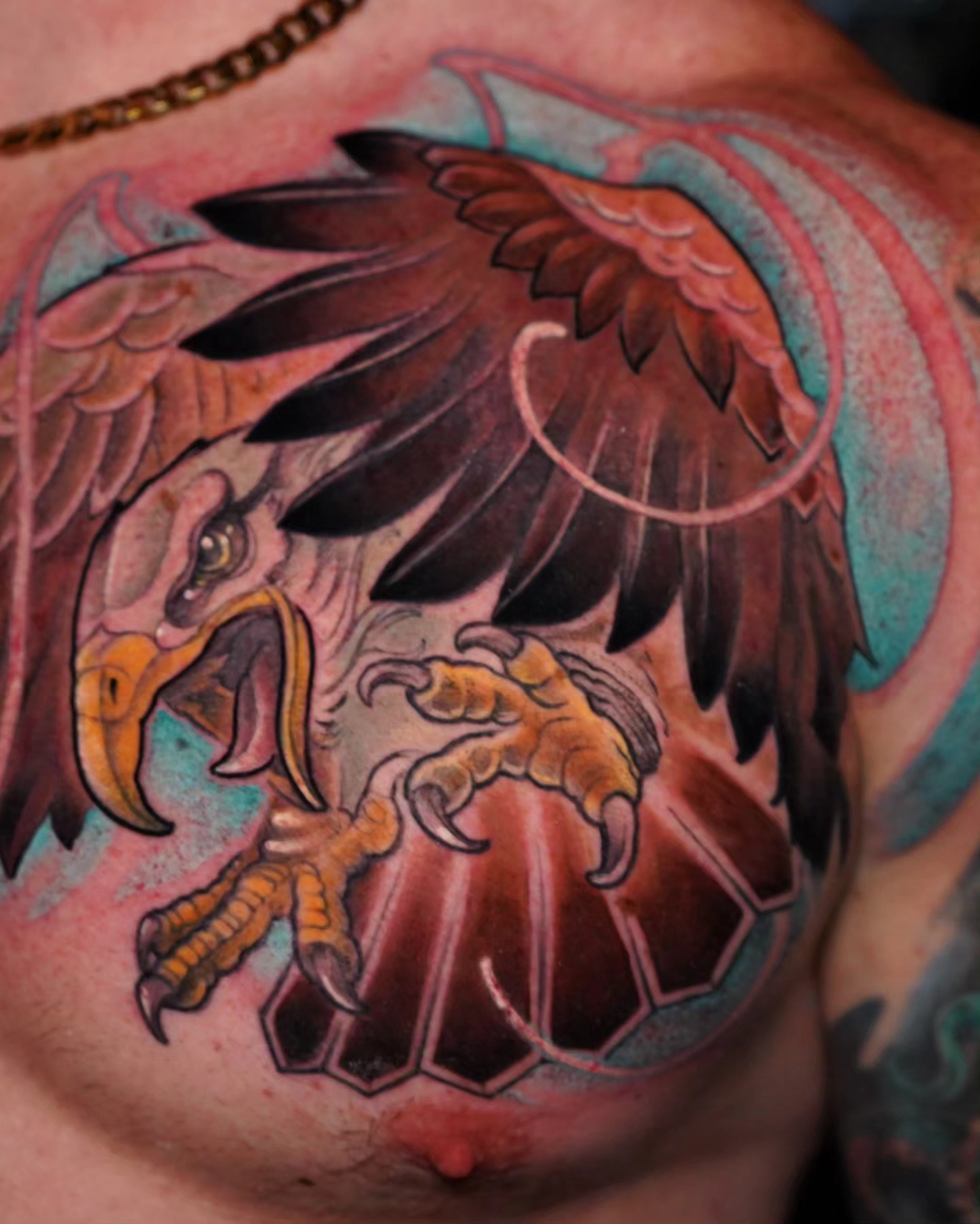Eagle American traditional tattoo on the chest by Ashlynn Campbell