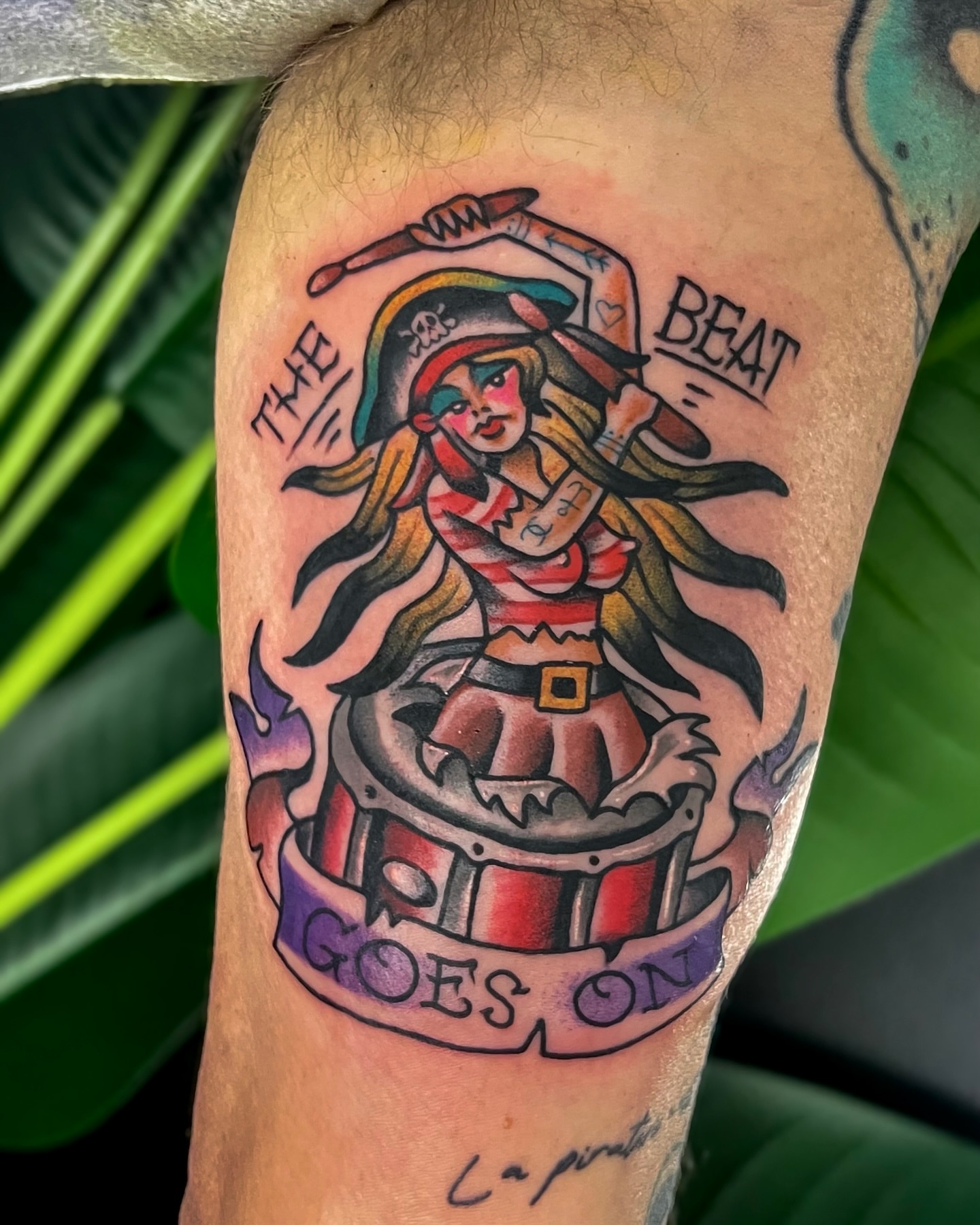 Pirate girl American traditional tattoo on the forearm by Jordyn Tinney