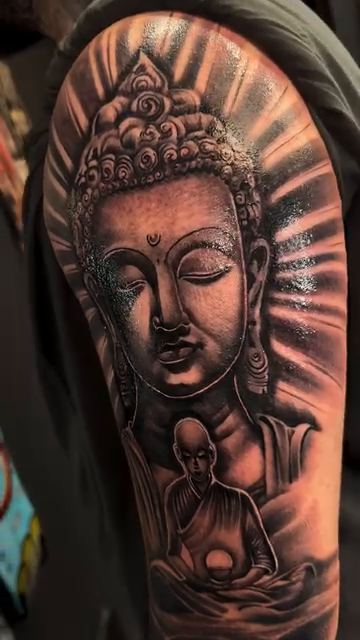 Buddha and monk realism tattoo by Licensed Tattoo Artist πΈπ»