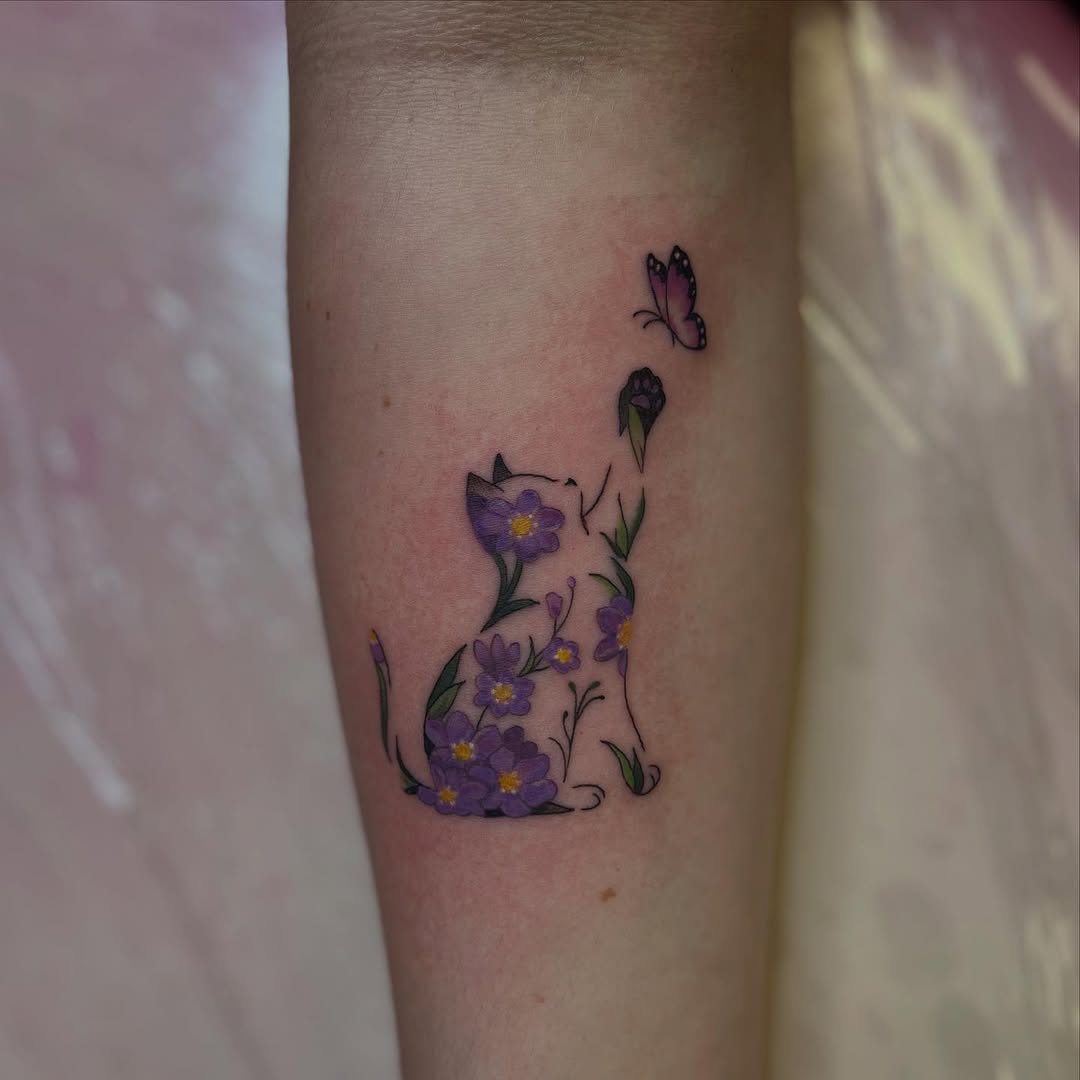Cat with flowers and butterfly fine line tattoo on the forearm by 🌸Lilac🌸