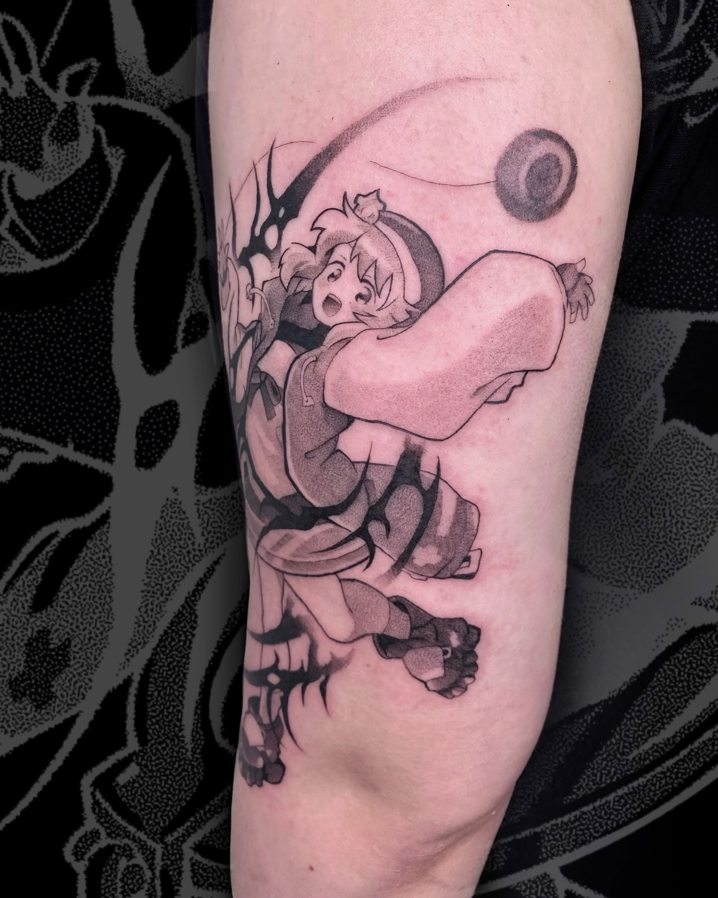 Anime character dotwork tattoo on the forearm by Sarah