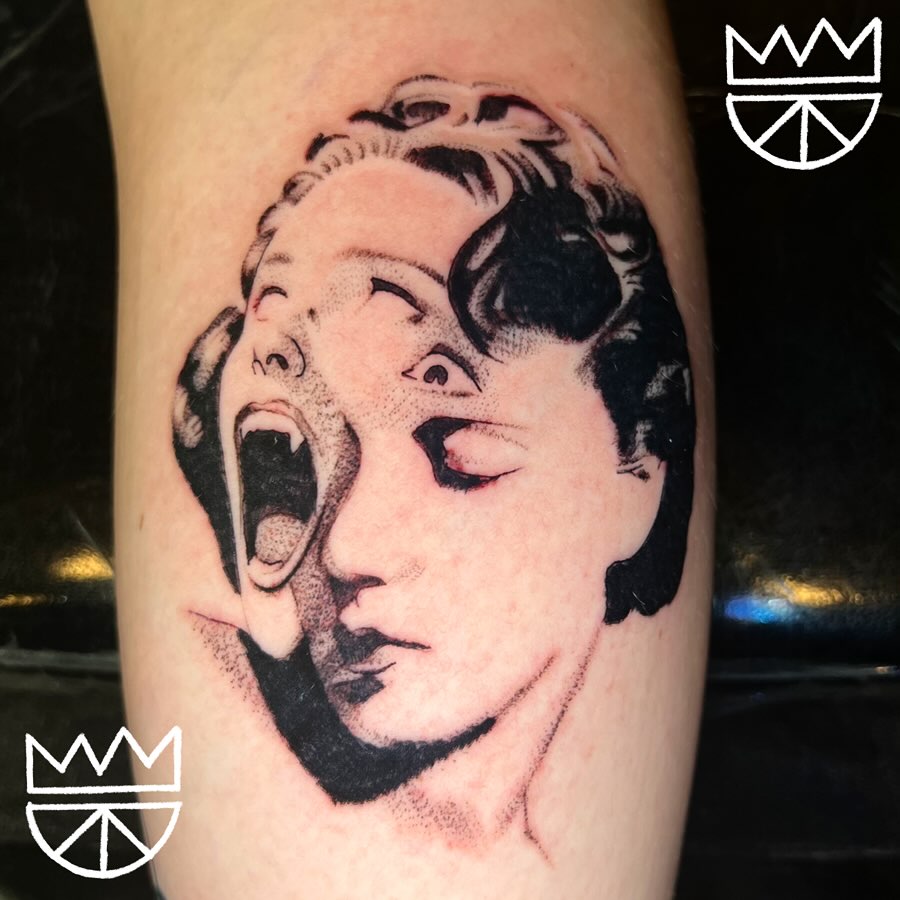 Portrait dotwork tattoo on the forearm by Prncjordn, Stallings, North Carolina