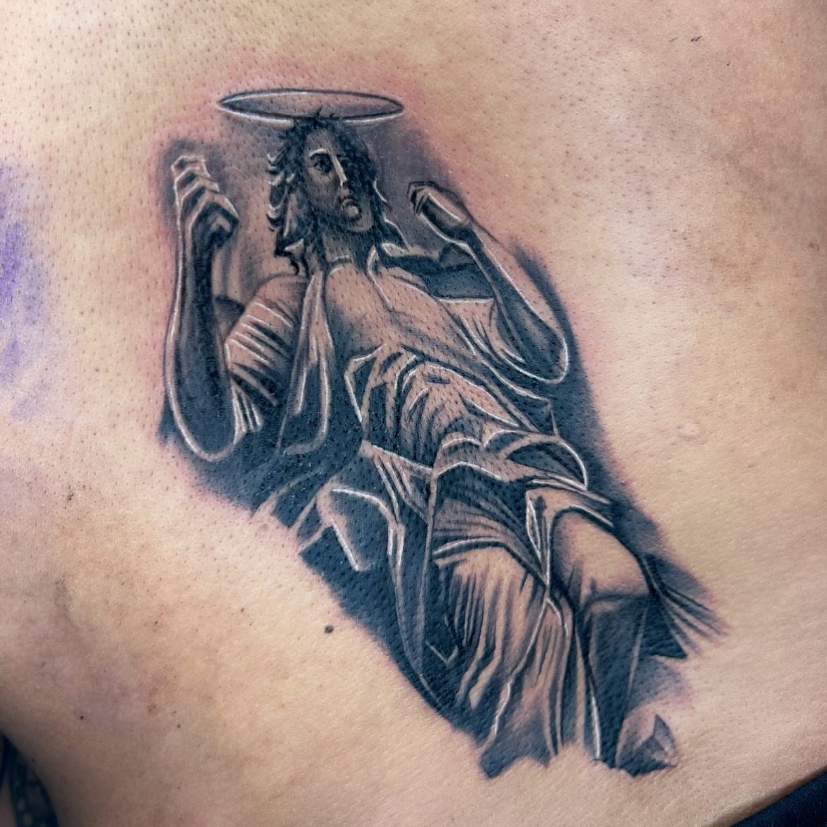 Religious figure black and grey tattoo on the back by ▪️JhonnyElias TATTOO ▪️