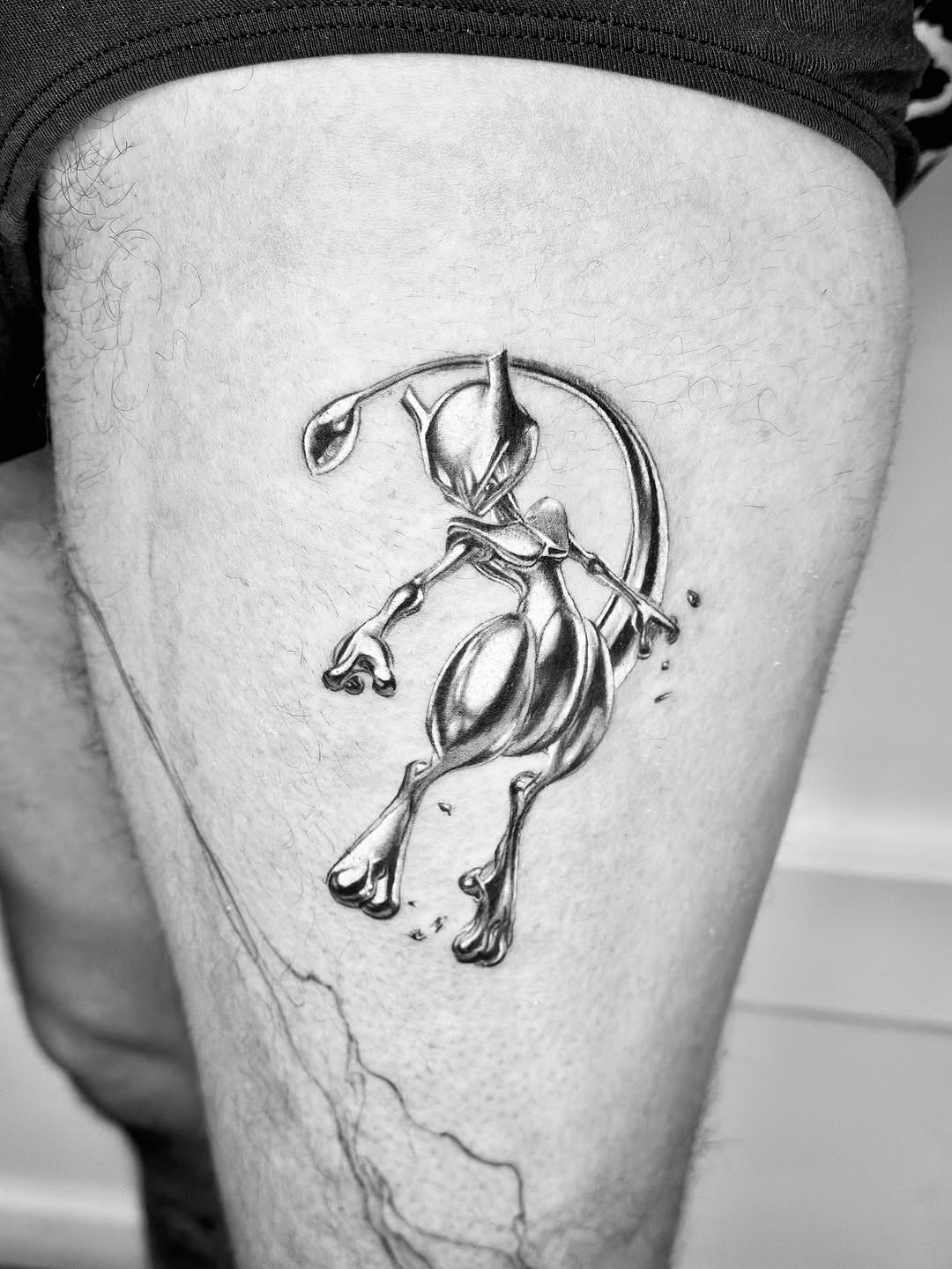 Mewtwo new school tattoo on the thigh by Bay Area Tattoo Artist