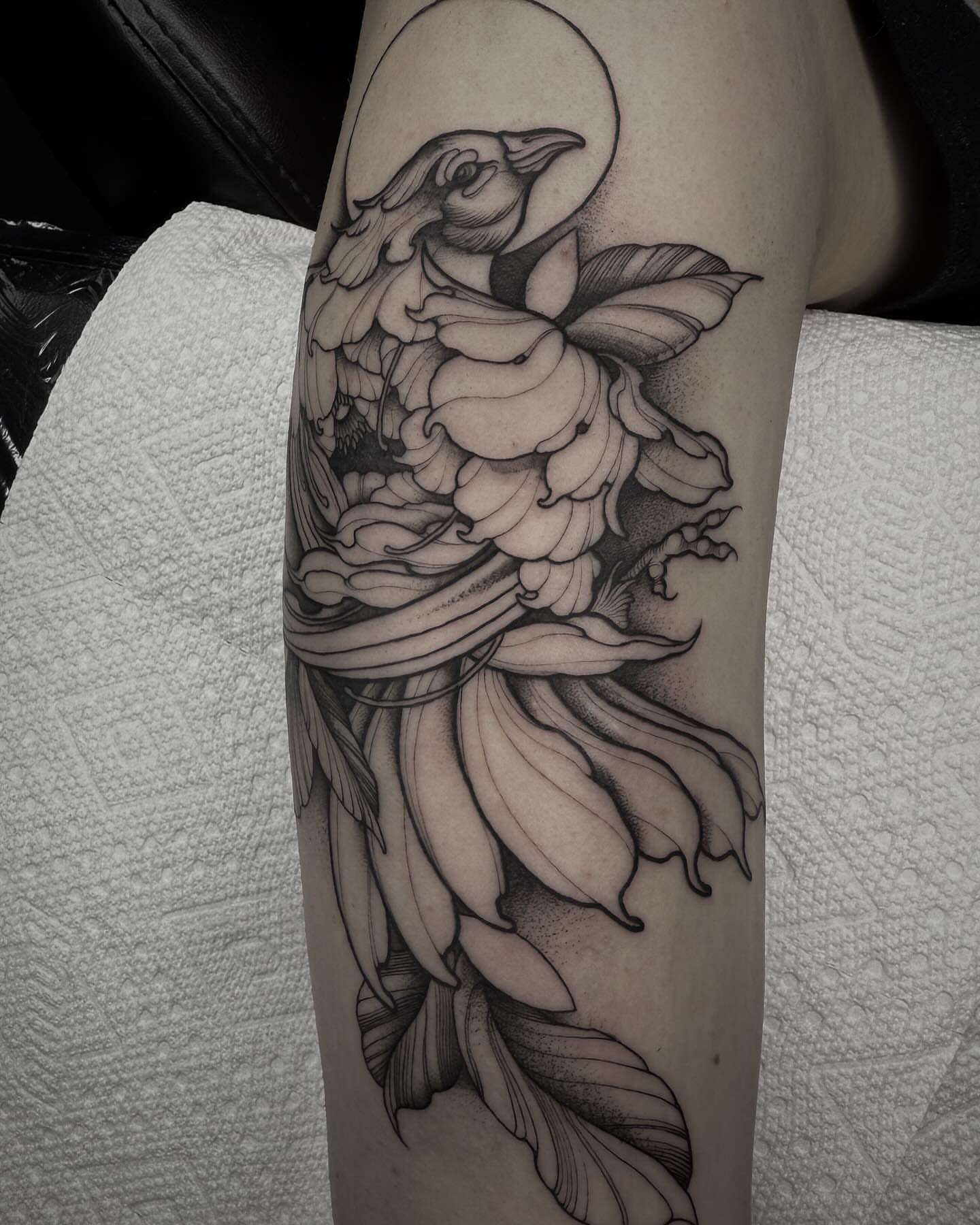 Bird and lotus dotwork tattoo on the forearm by π· C a t B l a c k π·οΈ