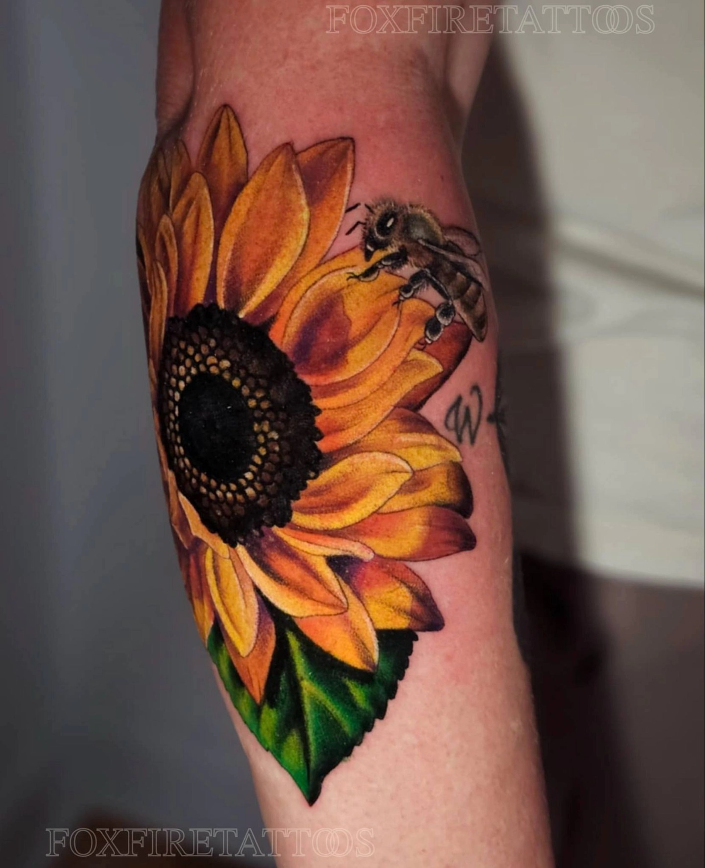 Sunflower and bee realism tattoo on the forearm by Lindsey Chevalier - KCMO TATTOO ARTIST
