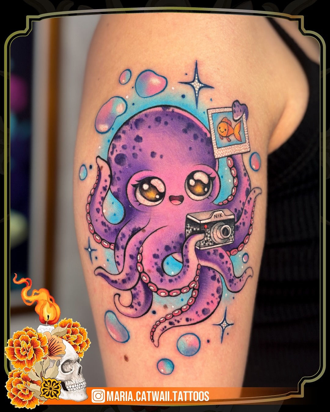 Octopus new school tattoo on the thigh by Maria Camila yepes, Bogotá, Bogotá, Distrito Capital
