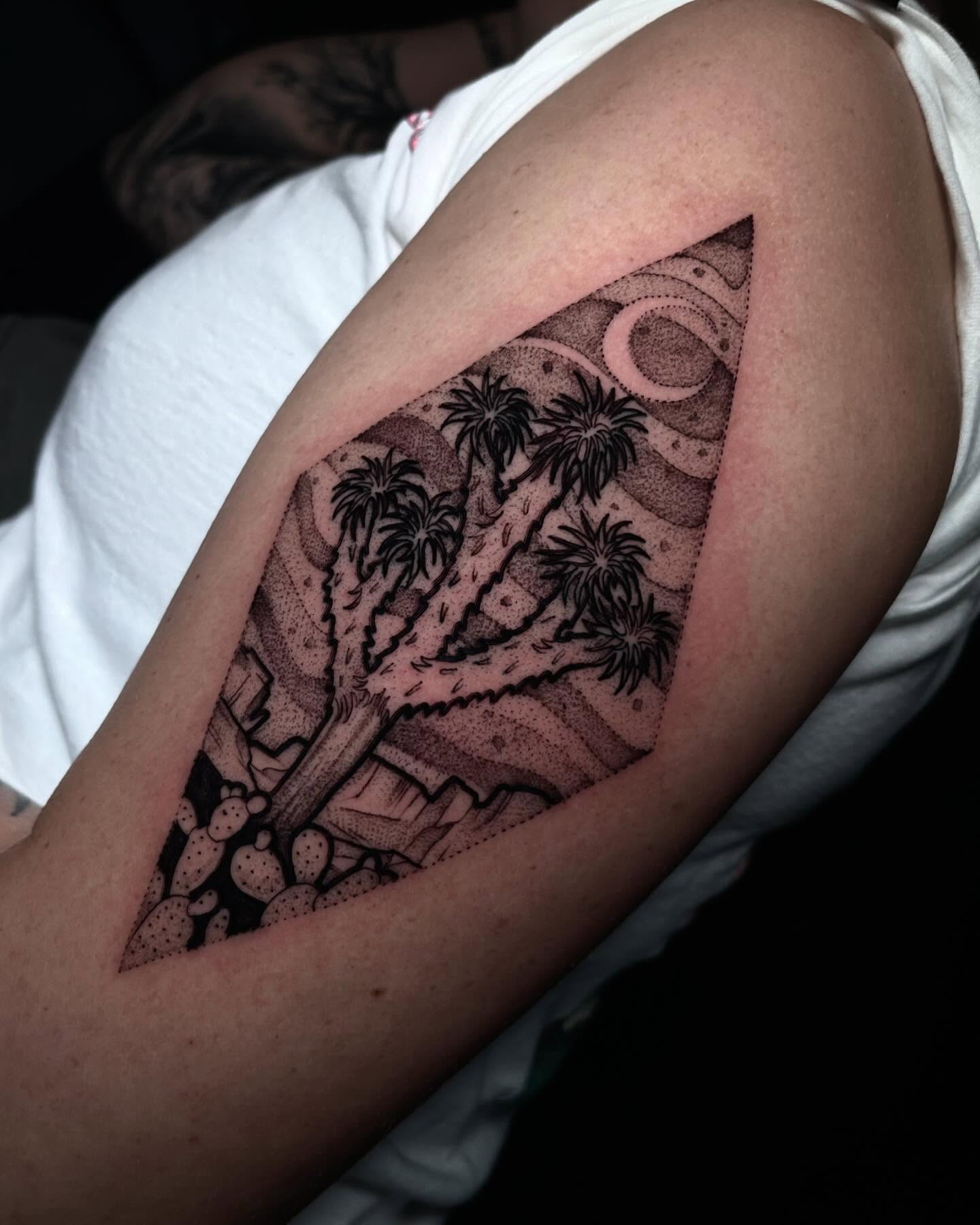 Desert landscape dotwork tattoo on the forearm by H A N N A H, Colorado Springs, Colorado