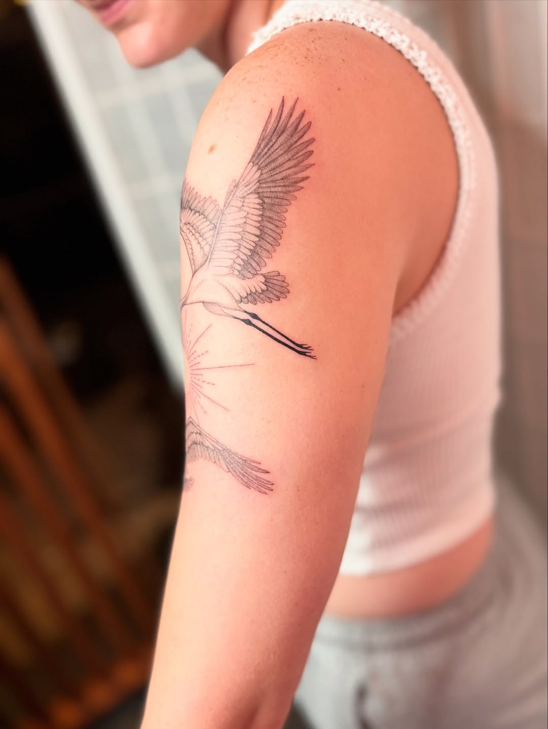 Cranes and sun fine line tattoo on the upper arm by Dama