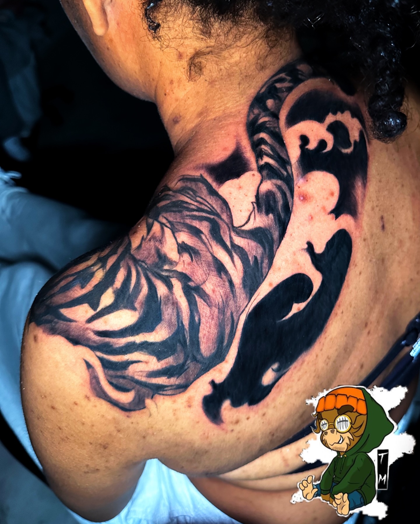 Lion and bat realism tattoo on the shoulder by Davone Joyner, Richmond, Virginia