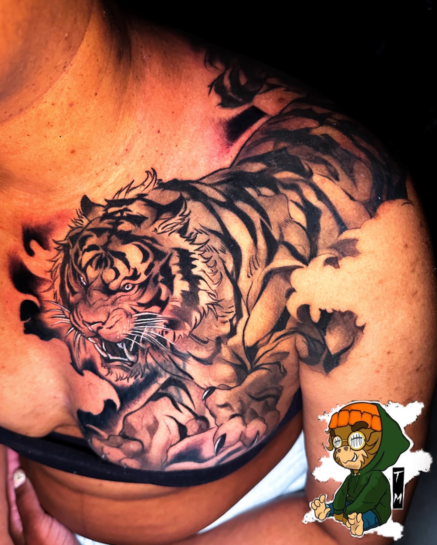 Tiger realism tattoo on the chest by Davone Joyner, Richmond, Virginia
