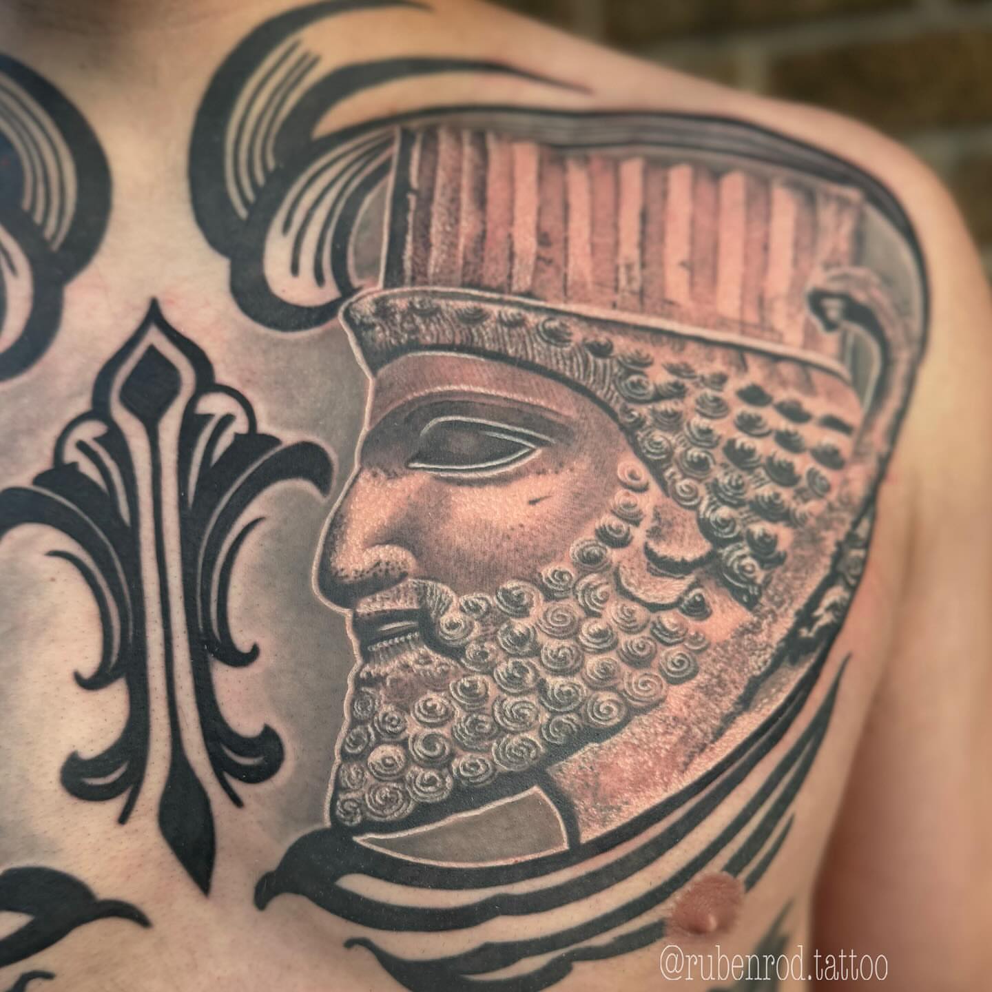 Ancient warrior American traditional tattoo on the shoulder by Denver Tattoo Artist