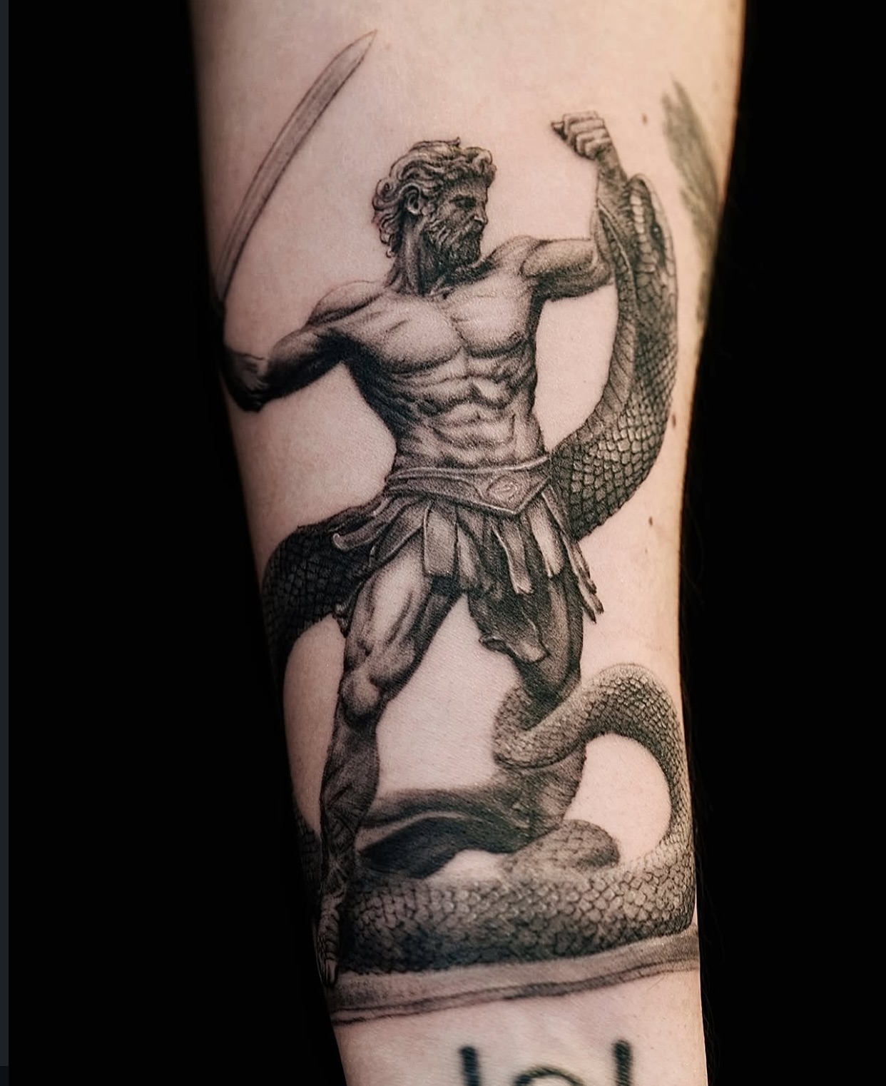 Hercules slaying the hydra realism tattoo on the forearm by Gen Li