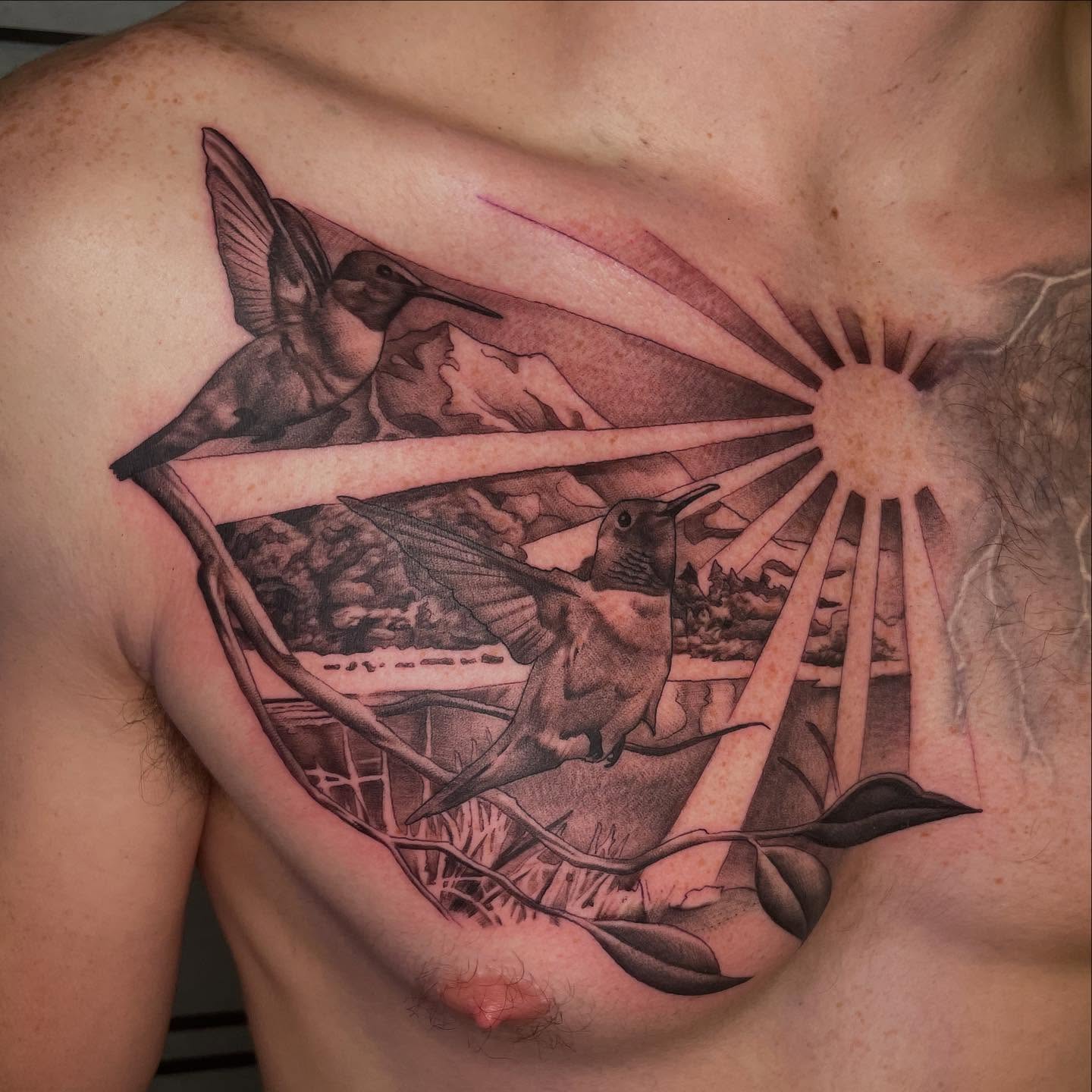 Hummingbirds realism tattoo on the chest by Seattle Tattoo Artist, Bonney Lake, Washington