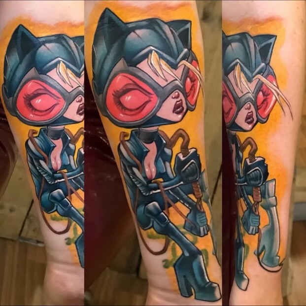 Catwoman anime tattoo on the forearm by Picasso Dular, Lake Forest, California