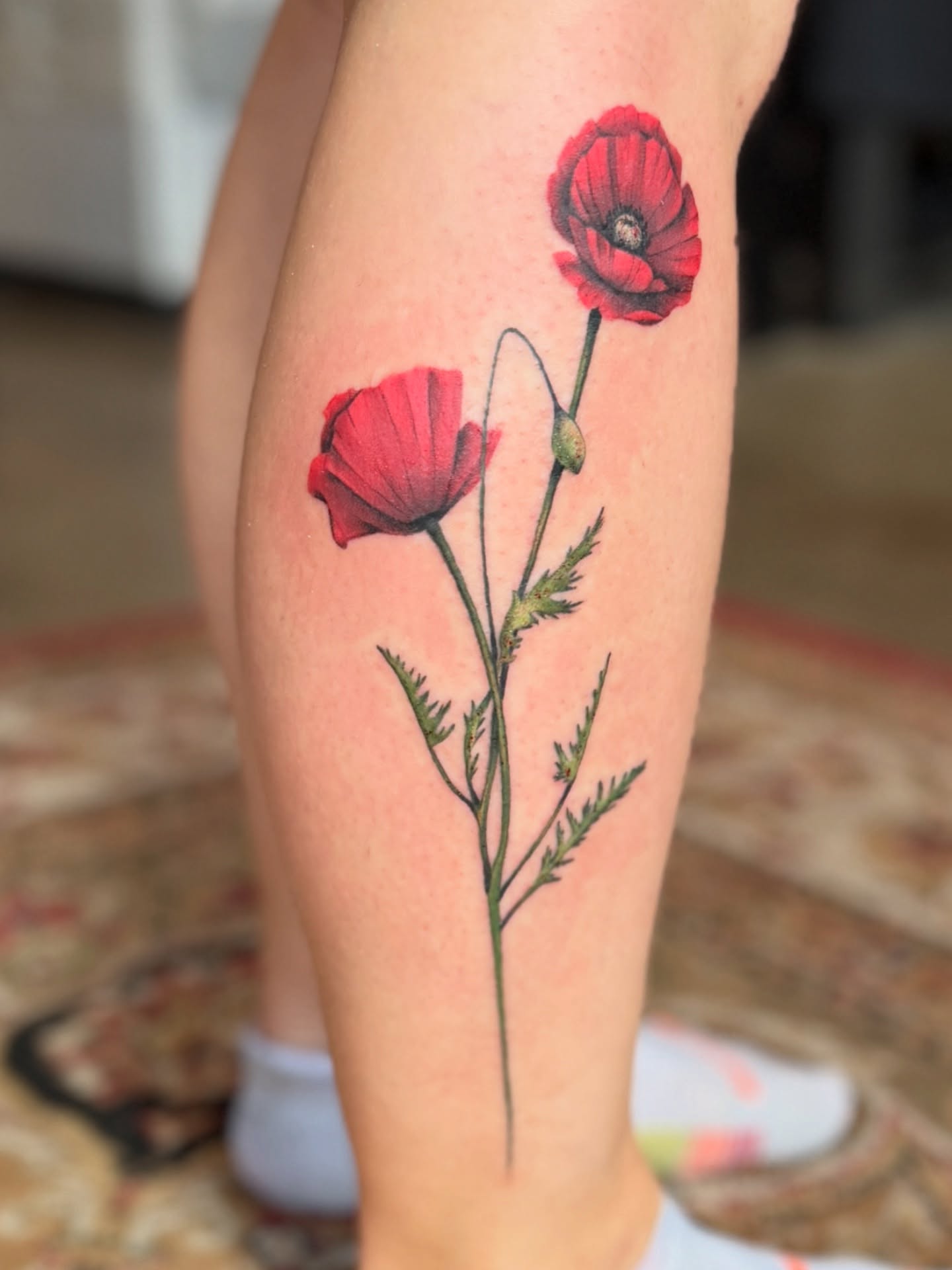 Poppy flowers realism tattoo on the thigh by Kbryanttattoos, Ohio City, Ohio