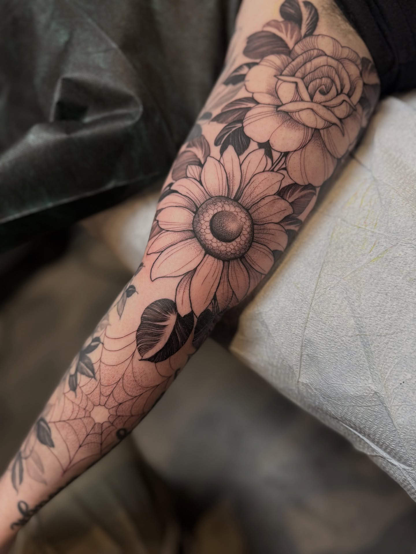 Sunflower and roses black and grey tattoo on the forearm by 🥀michael Ta 🥀