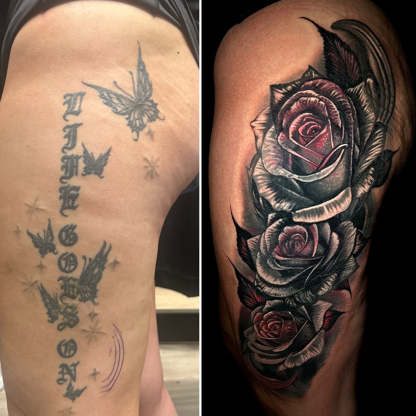 Rose bouquet realism tattoo on the shoulder by Ernesto canua, Houston, Texas