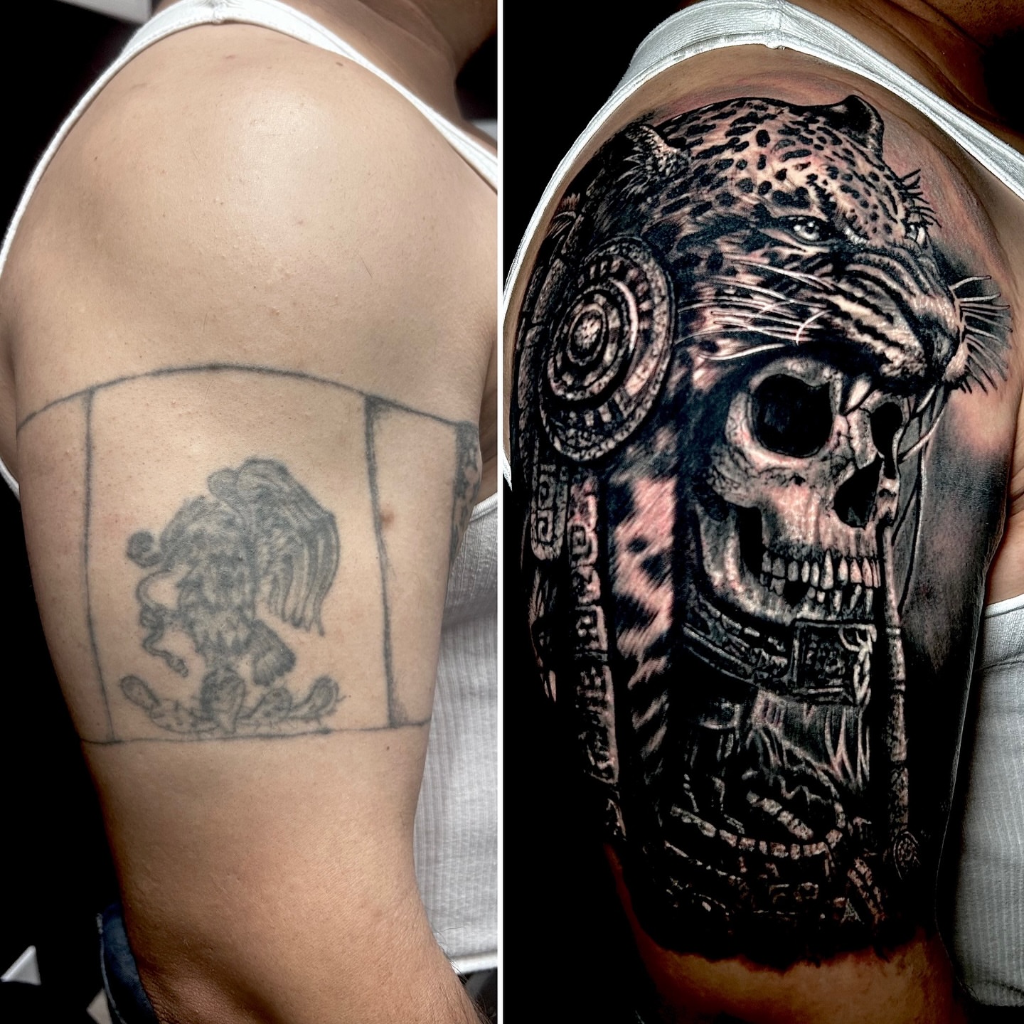 Jaguar skull realism tattoo on the shoulder by Ernesto canua, Houston, Texas