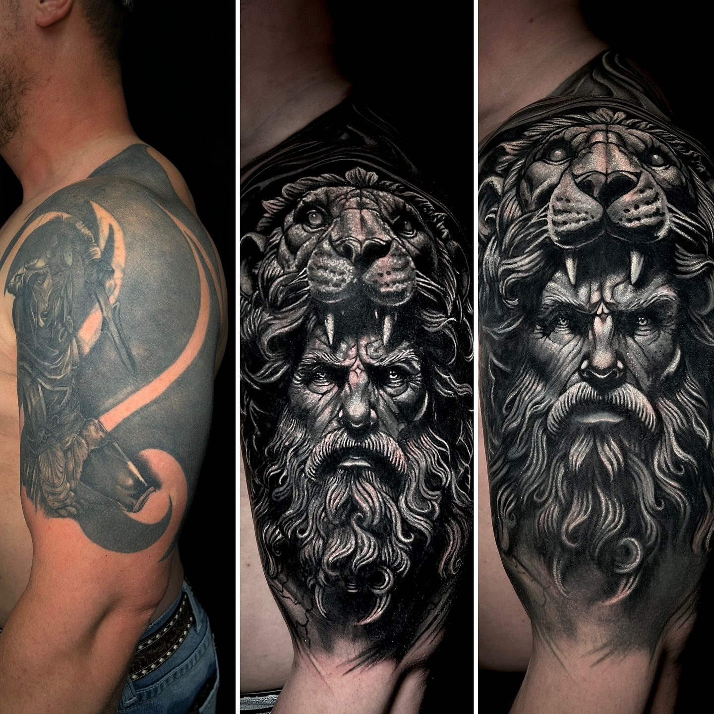 Lion and man realism tattoo on the shoulder by Ernesto canua, Houston, Texas