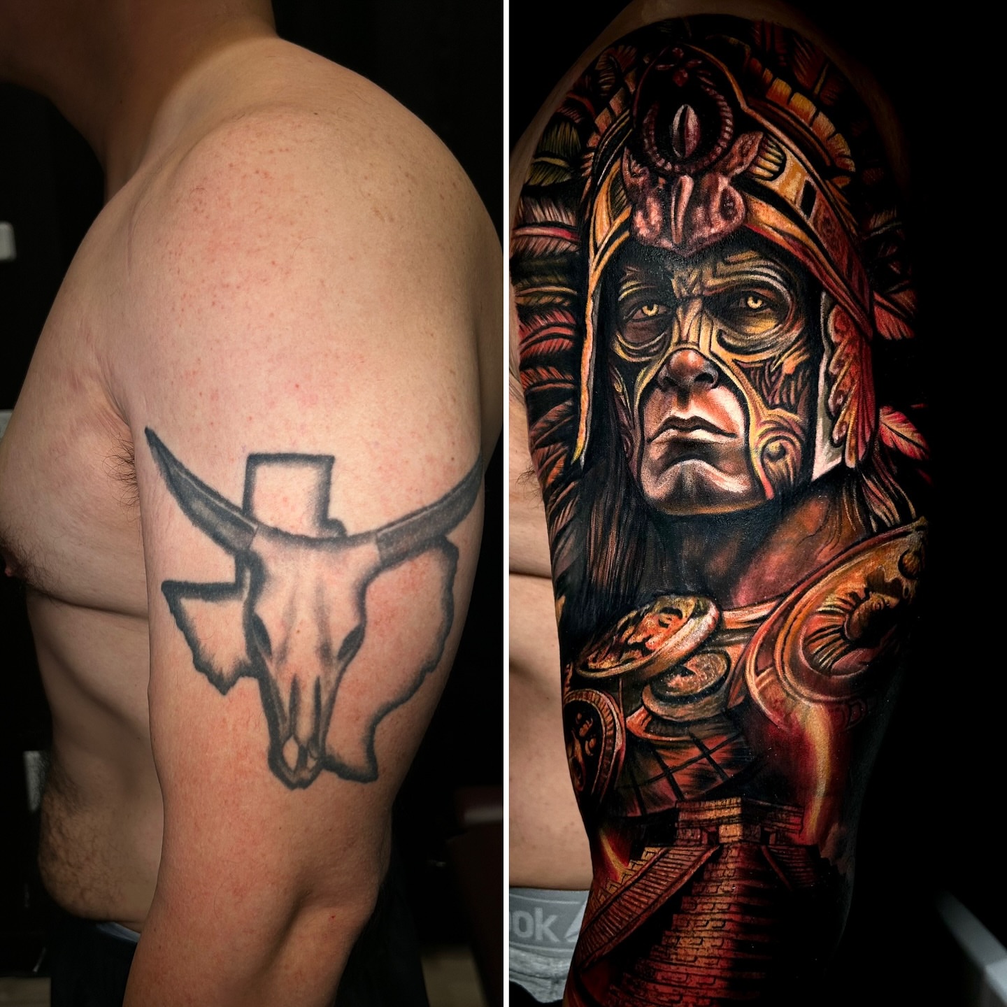Bull skull with cross black and grey tattoo on the shoulder by Ernesto canua, Houston, Texas