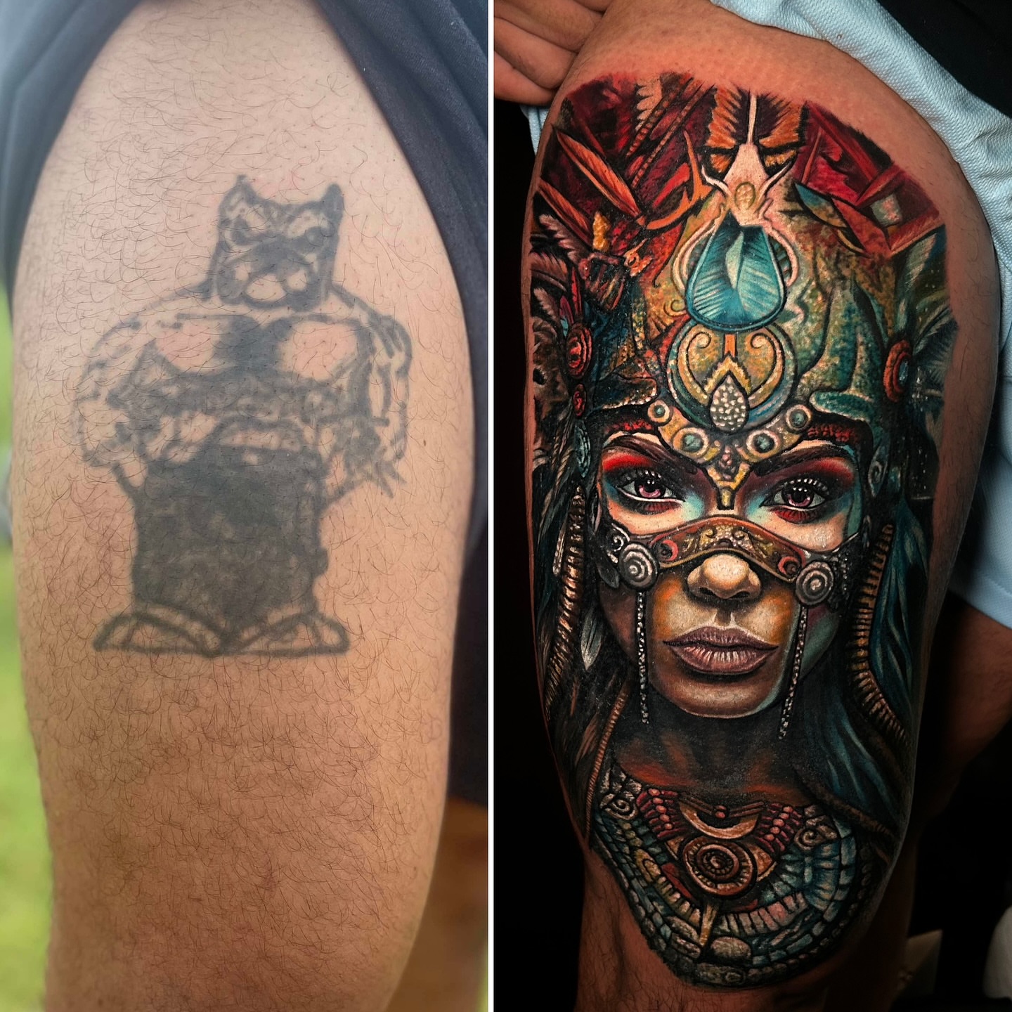 Woman wearing headdress realism tattoo on the shoulder by Ernesto canua, Houston, Texas