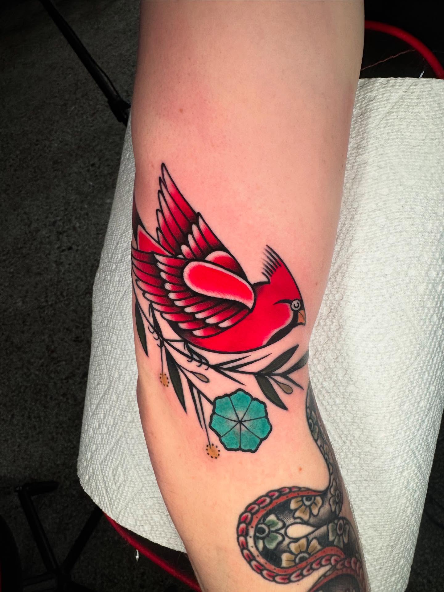 Cardinal bird American traditional tattoo on the forearm by Graham Edward Vogel
