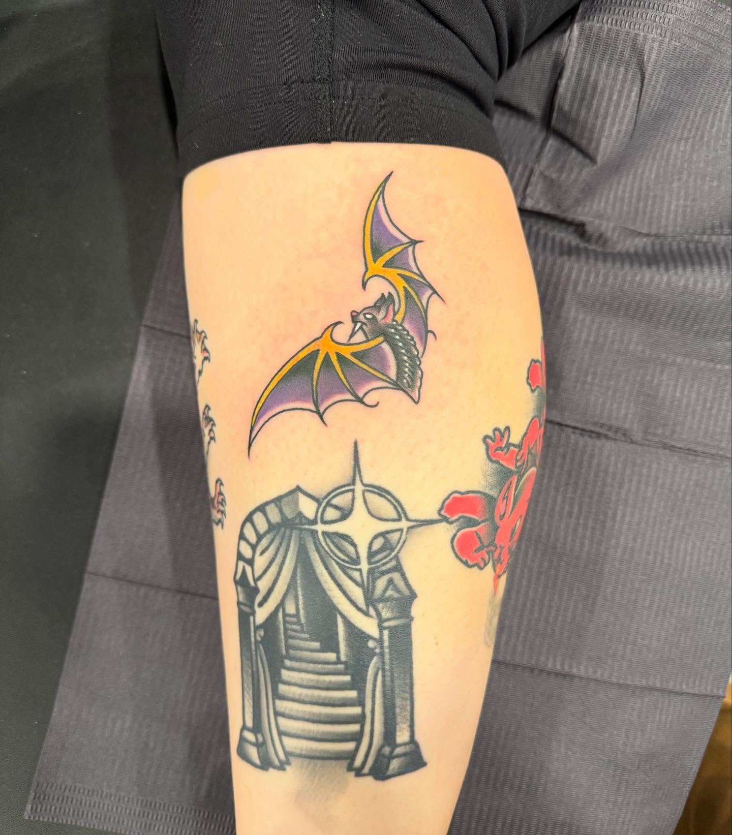 Dragon and temple neo-traditional tattoo on the thigh by Jay Espinoza-AZ Tattooer