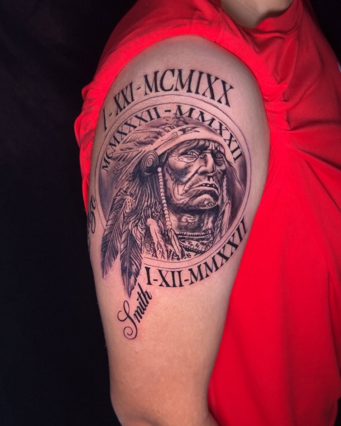 Native american chief realism tattoo on the shoulder by Bryant Ramirez