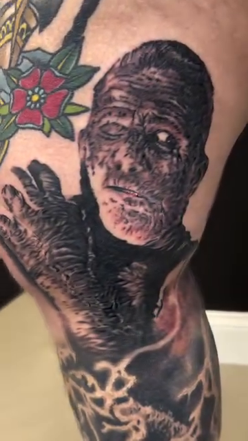 Universal Monsters leg sleeve realism tattoo by Steve Bishov