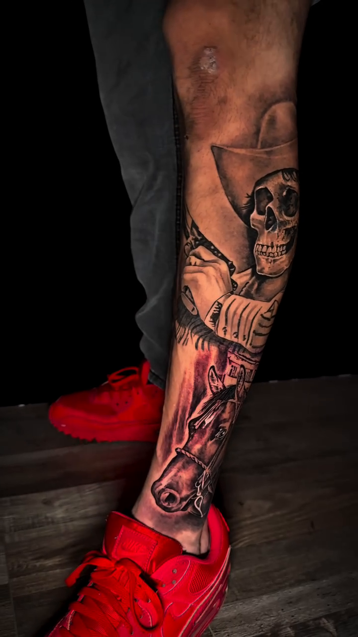 Cowboy skull and horse realism tattoo by Sacramento Tattoo Artist Ryan