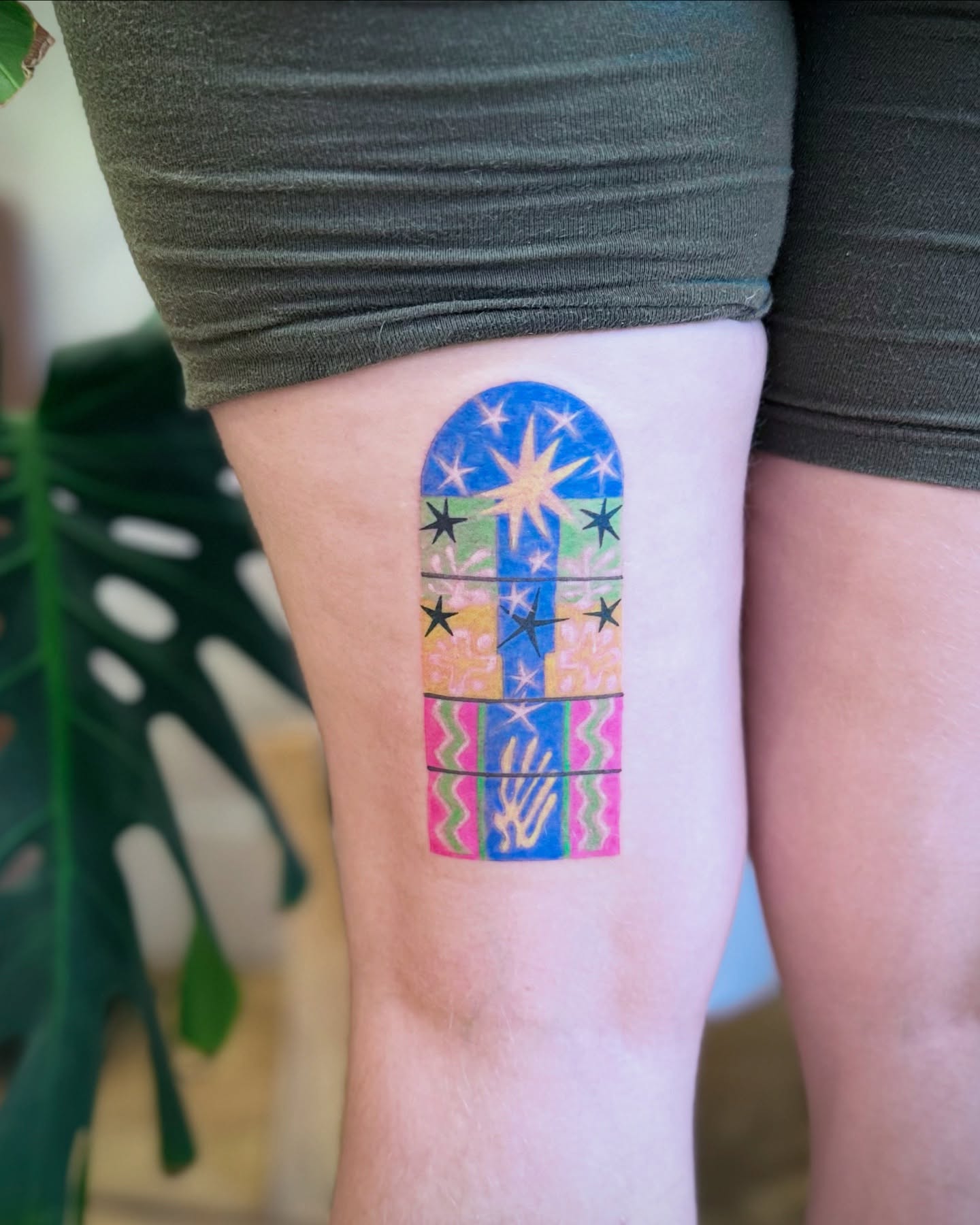 Window geometric tattoo on the thigh by Jennifer Fuster