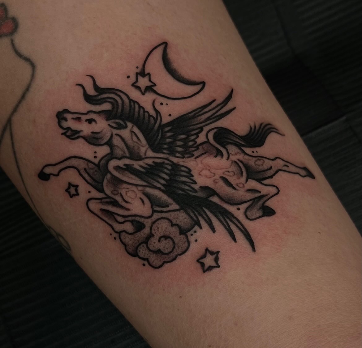Pegasus American traditional tattoo on the thigh by Lee Brewster, Erlanger, Kentucky