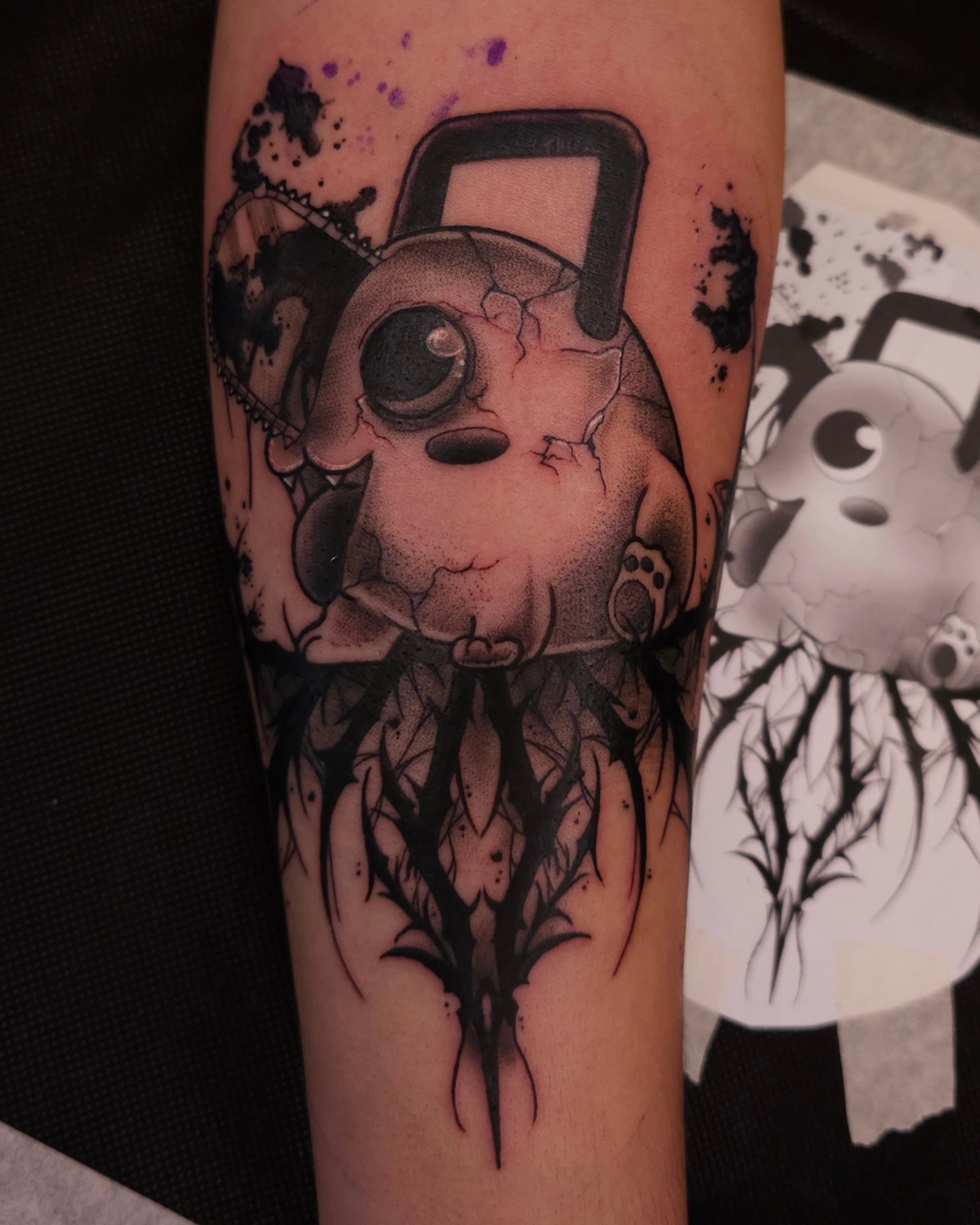 Broken teddy bear dotwork tattoo on the forearm by Devan Vankirk