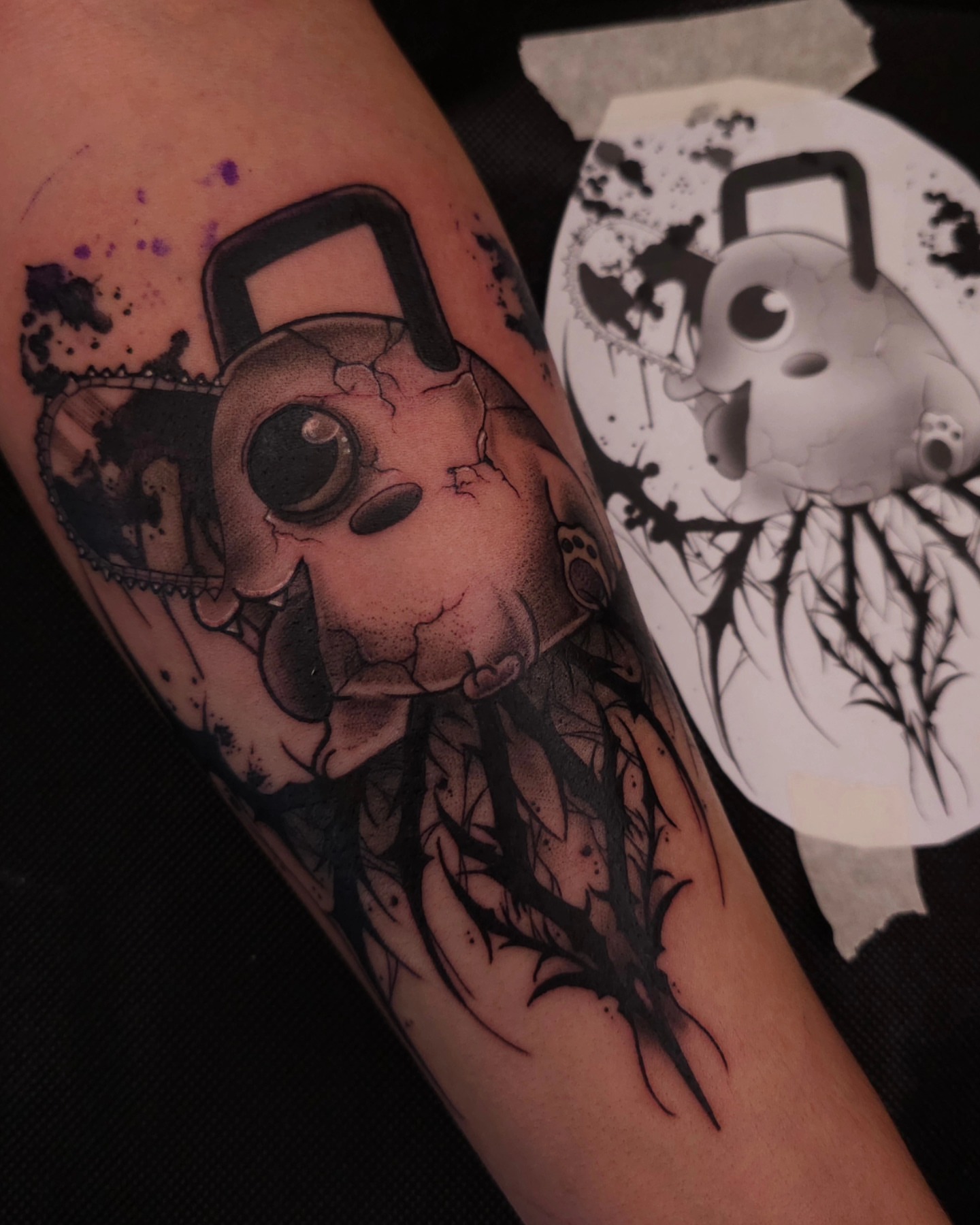 Chainsaw skull dark realism tattoo on the forearm by Devan Vankirk